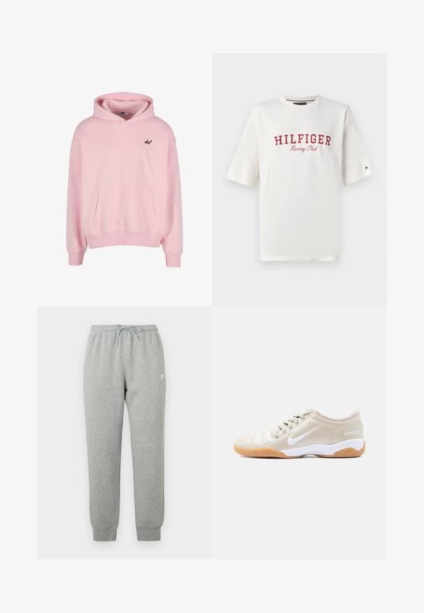 Sudadera rosa claro con un bolsillo delantero, capucha con cordón y un pequeño logo negro "def" en el lado izquierdo del pecho. Fabricada con un tejido suave y liso.; Camiseta de malla blanca de manga corta con el texto rojo "HILFIGER Racing Club" y una pequeña bandera de Tommy Hilfiger en la manga izquierda.; Pantalones deportivos grises hechos de tela suave, con cintura elástica y cordón, piernas ajustadas y un pequeño logo blanco en el costado.; Zapatilla de fútbol sala Nike Total 90 III beige con el swoosh blanco, entresuela blanca, suela de goma color caramelo y cordones beige, vista de perfil lateral.