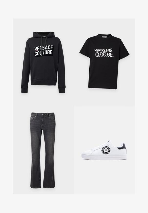 Schwarzer Hoodie aus Baumwollmischung, mit großem Frontlogo in weißer und pinker Schrift, verstellbarer Kapuze mit Kordelzug und gerippten Bündchen.; Schwarzes T-Shirt mit kurzen Ärmeln, weiß verzerrtem "Versace Jeans Couture"-Schriftzug auf der Vorderseite, Rundhalsausschnitt und regulärer Passform.; Schwarze Jeans aus Denim mit ausgestelltem Design, fünf Taschen und einem Metallknopfverschluss. Der Stoff hat eine glatte Textur mit dezentem Verblassen.; Weißer Sneaker mit niedrigem Schaft, schwarzem Fersenriemen, schwarzem runden "Versace Jeans Couture"-Logo an der Seite, weißen Schnürsenkeln und erhabenem Text auf der Sohle.