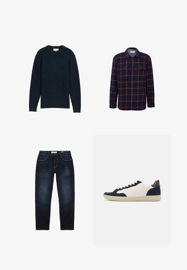 Suéter de punto azul marino con cuello redondo, que presenta un patrón texturizado y motas de color más claro por todo el tejido. Mangas largas y puños acanalados.; Camisa azul navy abotonada con un patrón de cuadros rojos, bolsillos en el pecho con solapas y un cuello puntiagudo, presentada sobre un fondo blanco.; Jeans de mezclilla azul oscuro con un ajuste estándar, que presentan una cremallera, cinco bolsillos y costuras amarillas en contraste. Textura suave en general.; Zapatillas de cuero y ante en azul marino y crema con una suela de goma, punta redonda y cordones blancos. Presenta acentos perforados en los laterales.