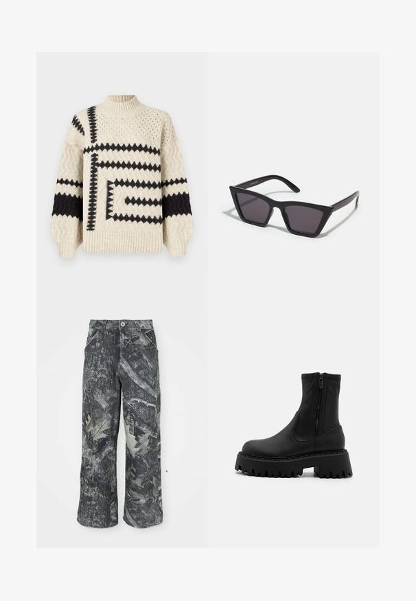 Suéter de estampado en crema y negro con cuello alto, que presenta diseños geométricos, rayas texturizadas y puños y dobladillo acanalados.; Jeans de pierna ancha con estampado de camuflaje en tonos gris oscuro y verde, con cierre de botón y bolsillos laterales. Fabricados en denim texturizado.; Botines negros de tobillo hechos de material sintético mate, con cremallera lateral, suela de plataforma gruesa con bordes serrados y costuras reforzadas.; Gafas de sol negras y angulares con lentes grises; fabricadas en plástico, con varillas gruesas de superficie suave y sin herrajes visibles.