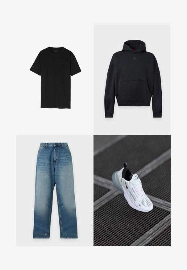 Schwarzer Kapuzenpullover mit Kängurutasche vorne und kleinem Jumpman-Logo auf der Brust, vor einfachem Hintergrund dargestellt.; Schwarzes T-Shirt mit kurzen Ärmeln aus Baumwolle. Verfügt über einen klassischen Rundhalsausschnitt und ein einfaches, ungeschmücktes Design.; Blaue Jeans mit weitem Bein, vorderen Taschen, Knopfverschluss, ausgebleichten Details und kleinen weißen Farbspritzern vorne und an den Beinen.; Weißer Sportschuh mit perforiertem Mesh-Obermaterial, schwarzen Akzenten, sichtbaren Schnürsenkeln und einer durchsichtigen Luftpolstersohle.