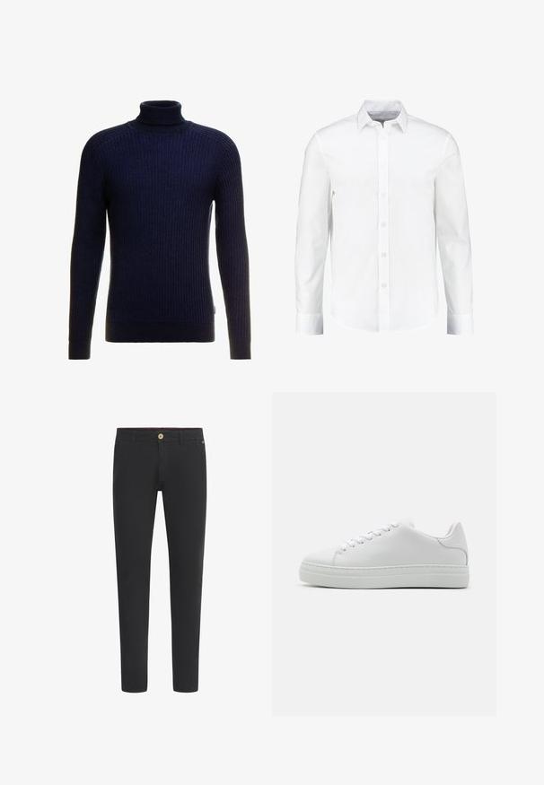 Marineblå ribbet rullekravesweater med lange ærmer. Har et tætsiddende design og struktureret strikmønster. Blødt, strækbart stof for komfort.; Hvid langærmet skjorte med knapper lavet af glat bomuld. Har en klassisk krave og knaplukning foran med en lige nederkant.; Sorte chinos lavet af blanding af bomuld, med et slim fit design, knaplukning, bæltestropper og sidelommer. Glat tekstur hele vejen igennem.; Hvide lædersneakers med en chunky platformsål, rund tå og seks snørehuller. Glat tekstur med subtile syninger.