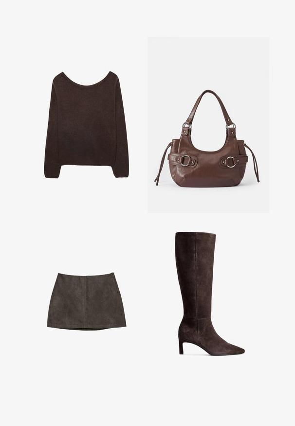 Brun strikket sweater med off-shoulder halsudskæring, lange ærmer og ribbede manchetter. Blød tekstur med en glat overflade.; Mørkebrun ruskind mini nederdel med en syning foran og lynlås i siden, fladt lagt ud på hvid baggrund.; Brune ruskinds knæhøje støvler med spids tå og 3-tommer hæl. Glat tekstur, slank silhuet og minimalistisk design.; Brun læderhåndtaske med rund form, sølvhardware, to sideskuldre og en glat tekstur. Har en enkelt toppen håndtag.