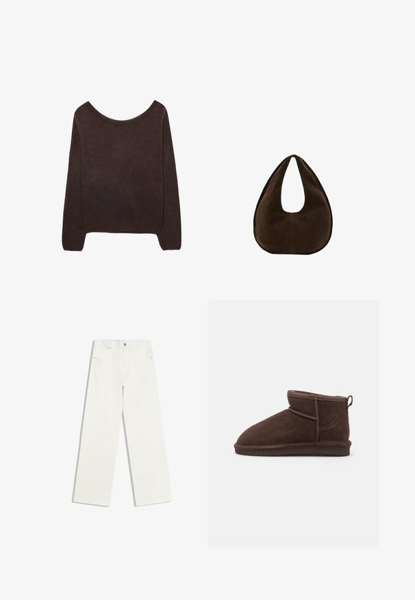 Brun strikket sweater med off-shoulder halsudskæring, lange ærmer og ribbede manchetter. Blød tekstur med en glat overflade.; Hvide jeans med højt liv og lige ben, med forlommer og knaplukning på hvid baggrund.; Bianco BIASNOW - Ankelstøvler - dark brown; Mørkebrun ruskind skuldertaske formet som en halvmåne med en bred rem og glat tekstur på en hvid baggrund.
