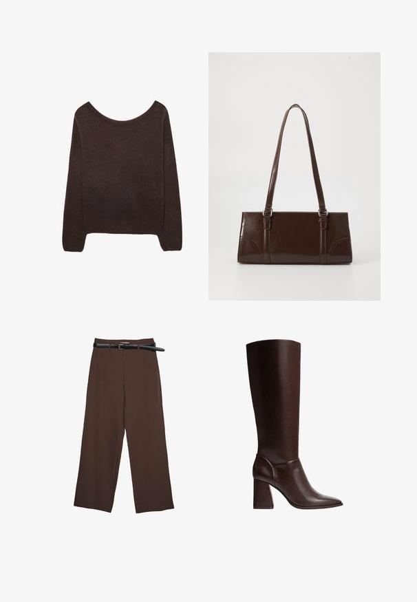 Brun strikket sweater med off-shoulder halsudskæring, lange ærmer og ribbede manchetter. Blød tekstur med en glat overflade.; Brune brede bukser med en glat tekstur, der har et sort bælte og en skræddersyet talje, hvilket giver en struktureret pasform.; Brune læderknæhøje støvler med spidse tæer og blokhæle, der har en glat overflade og et strømlinet design. Udsmykket syning ved anklen.; Brun lakeret håndtaske med rektangulær form, to lange håndtag og subtile buede detaljer på fronten.