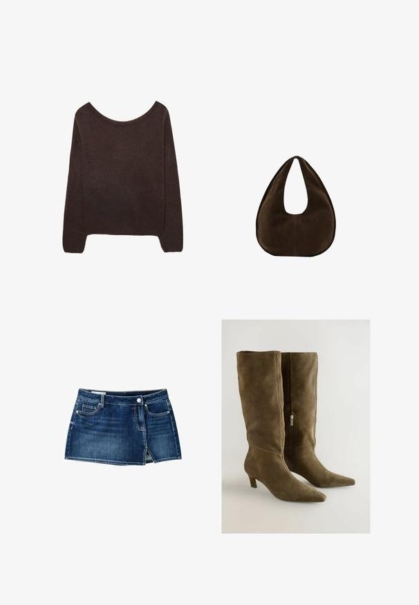 Pull en tricot marron avec un col dénudé, des manches longues et des poignets à côtes. Texture douce avec une finition de surface lisse.; Jupe mini courte en denim bleu foncé avec bouton et fermeture éclair devant, deux poches avant, passants de ceinture, et petite fente à l'avant sur fond blanc.; Bottes en suède vert olive montantes jusqu'au genou, à bout pointu et à talon fin. Comprend une fermeture à glissière sur le côté. Texture lisse.; Sac à main en daim marron foncé en forme de croissant avec une seule sangle large et une texture lisse sur fond blanc.
