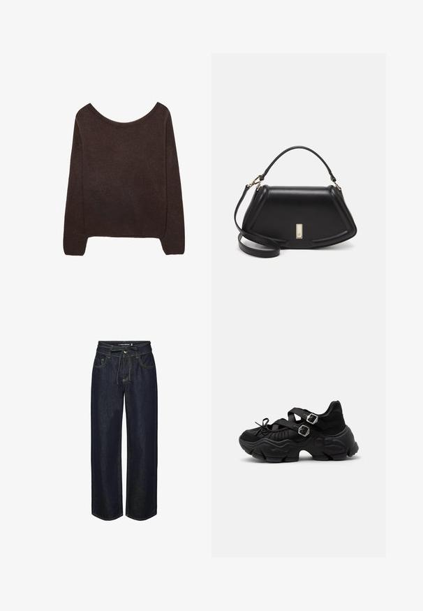 Brun strikket sweater med off-shoulder halsudskæring, lange ærmer og ribbede manchetter. Blød tekstur med en glat overflade.; Mørk denim brede bukser med snor i taljen, der har kontrastsyning, frontlommer og en let løs pasform.; Sort chunky sneaker med tyk sål, to justerbare stropper med sølvspænder og snøredetalje foran.; Sort læderhåndtaske med en struktureret design, der har en kortet form, tophåndtag og guld hardware-accenter. Justerbar skulderrem inkluderet.