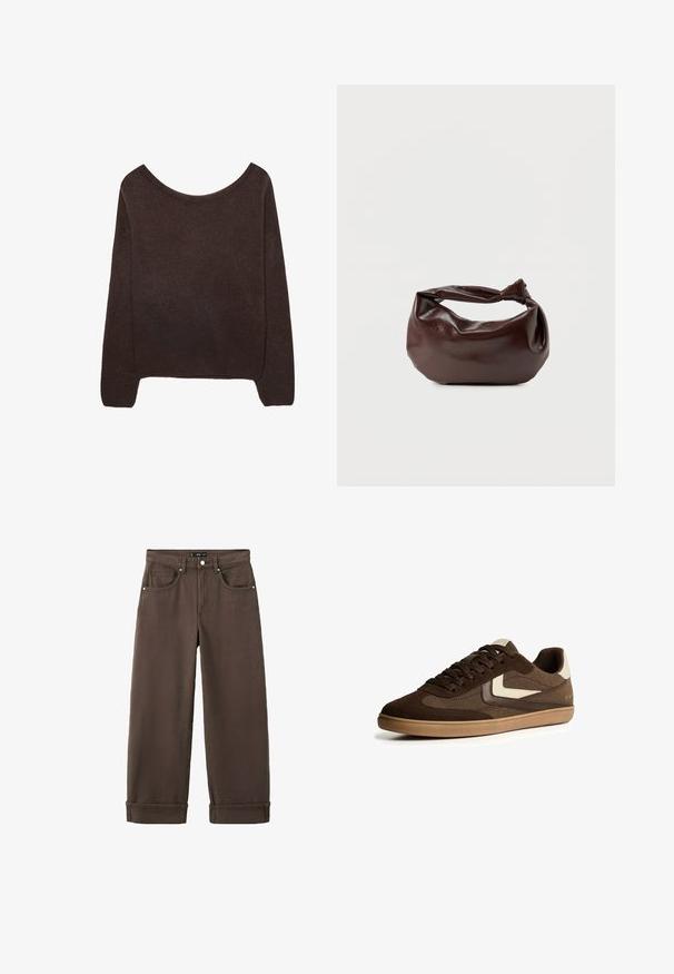 Pull en tricot marron avec un col dénudé, des manches longues et des poignets à côtes. Texture douce avec une finition de surface lisse.; Jean marron taille haute à jambe droite avec poches avant, passants de ceinture, fermeture par bouton et ourlets retroussés.; Baskets basses en suédine et tissu marron avec des accents beiges, semelle en caoutchouc, fermeture à lacets et design minimaliste sur fond blanc.; Sac bandoulière en cuir marron foncé avec une forme souple et décontractée et une anse nouée torsadée sur un fond blanc uni.