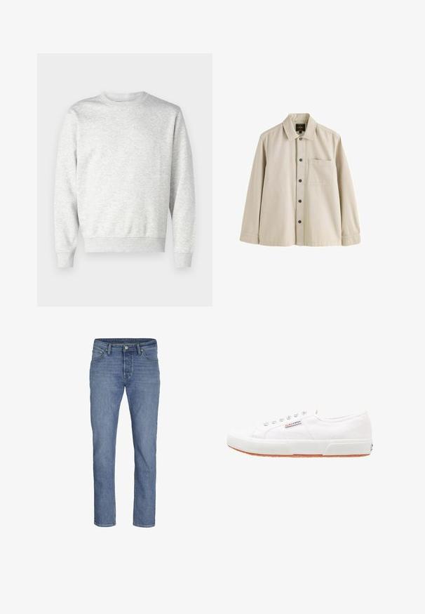 Grauer Pullover aus weichem Stoff. Mit Rundhalsausschnitt, langen Ärmeln, gerippten Bündchen und gerippetem Saum. Einfaches, ungeschmücktes Design.; Beiges Langarmhemd mit Knöpfen, Kragen und einer Brusttasche aus robustem Stoff.; Hellblaue Jeans aus Denim mit geradem Bein, fünf Taschen und einem vorderen Knopfverschluss mit kontrastierenden Nähten.; Weiße Leinensneaker mit Gummisohle, Schnürdesign und einem kleinen Logolabel an der Seite. Strukturierte weiße Oberseite und braune Außensohle.