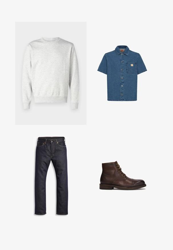 Grauer Pullover aus weichem Stoff. Mit Rundhalsausschnitt, langen Ärmeln, gerippten Bündchen und gerippetem Saum. Einfaches, ungeschmücktes Design.; Blend BHIGS OVERSHIRT WORKWEAR OVERSHIRT LOOSE FIT - Hemd - denim middle blue; Dunkelblaue Jeans aus Denim mit geradem Schnitt, Fünf-Taschen-Design, metallischen Komponenten und kontrastierenden orangen Nähten. Glatte Textur, keine sichtbaren Muster.; Kazar CYMONN - Schnürstiefelette - brown