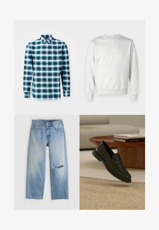 Sweatshirt gris en tissu doux. Présente un col rond, des manches longues, des poignets côtelés et un ourlet côtelé. Design simple et sans ornement.; Chemise à manches longues à carreaux verts et blancs avec un col boutonné et des boutons à l'avant. Fabriquée en tissu léger, présentant un design structuré.; Jeans droits bleu clair avec une grande déchirure horizontale au genou droit et des ourlets effilochés sur un fond blanc.; Chaussure mocassin en cuir noir présentée en suspension au-dessus d'un tapis beige tissé, avec une table en bois et des livres empilés dans un salon doucement éclairé.