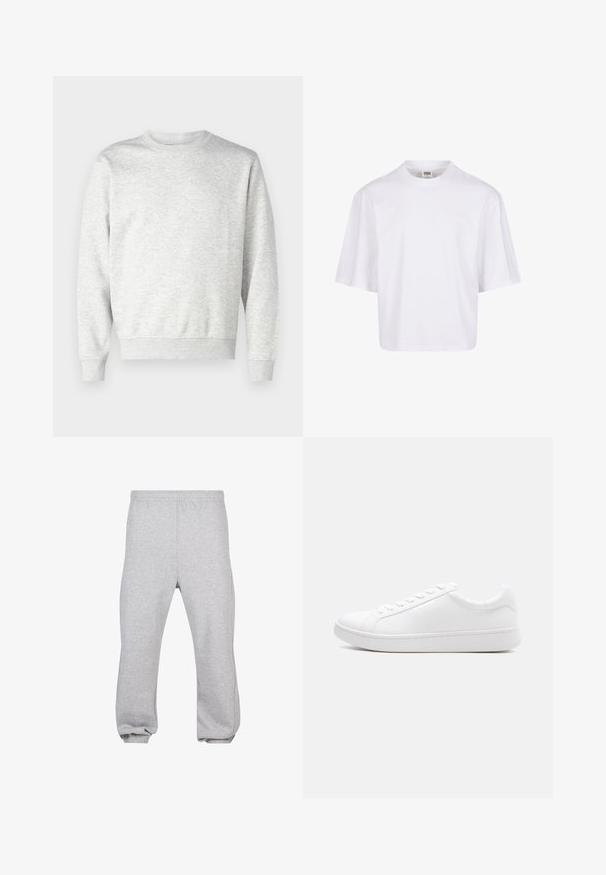 Sweatshirt gris en tissu doux. Présente un col rond, des manches longues, des poignets côtelés et un ourlet côtelé. Design simple et sans ornement.; T-shirt blanc à manches courtes avec un col rond et une coupe décontractée, fabriqué à partir d'un tissu en coton mélangé doux. Aucun motif ni embellissement.; Pantalon de jogging en coton gris clair avec taille élastique et poignets aux chevilles, présenté à plat sur fond blanc.; Baskets blanches basses à lacets, tige en cuir lisse et semelle épaisse en caoutchouc, vues de profil sur un fond uni.