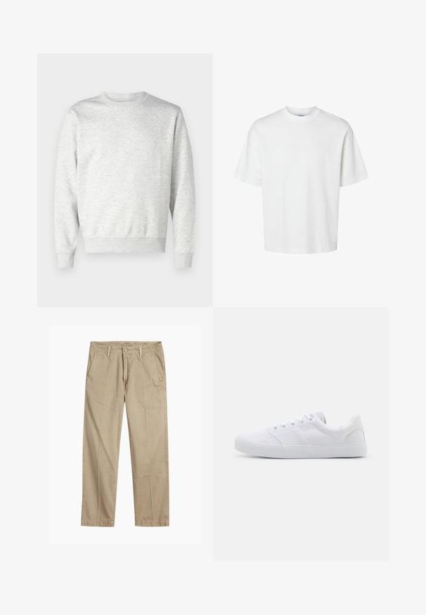 Grijze sweatshirt gemaakt van zachte stof. Heeft een ronde hals, lange mouwen, geribbelde manchetten en een geribbelde zoom. Eenvoudig, onopgesmukt ontwerp.; Effen witte korte mouw T-shirt met ronde hals en een losse pasvorm, getoond op een witte achtergrond.; Beige rechte pijpen chinos met riemlussen, voorkant met knoop en rits sluiting, en schuine voorzakken.; Witte canvas sneakers met een rubberen zool, voorzien van zes oogjes, een gestructureerde neuskap en een minimalistisch ontwerp.