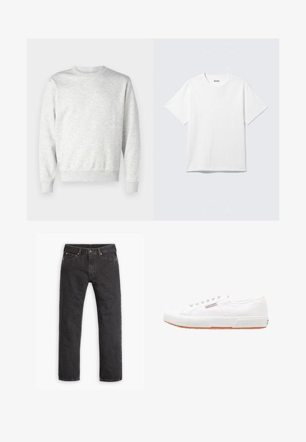Sweatshirt gris en tissu doux. Présente un col rond, des manches longues, des poignets côtelés et un ourlet côtelé. Design simple et sans ornement.; T-shirt blanc à manches courtes et col rond, étalé à plat, design uni, avec l'étiquette "WEEKDAY" à l'intérieur du col sur un fond clair.; Jeans en denim noirs à jambes droites avec cinq poches, fermeture à bouton et rivets cuivrés, posés à plat sur un fond blanc.; Baskets en toile blanches avec une semelle en caoutchouc, design à lacets et une petite étiquette logo sur le côté. Tige blanche texturée et semelle extérieure marron.