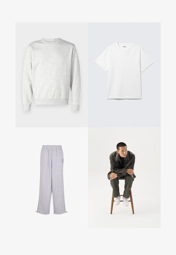 Sudadera gris hecha de una tela suave. Presenta un cuello redondo, mangas largas, puños acanalados y un dobladillo acanalado. Diseño simple y sin adornos.; Camiseta blanca de manga corta con cuello redondo, colocada plana, diseño liso, con etiqueta "WEEKDAY" en el interior del cuello sobre un fondo claro.; Karl Kani Pantalones deportivos - grey; Joven con chaqueta de cuero oscura y vaqueros sentado en un taburete de madera, inclinado hacia adelante con los brazos cruzados, mirando hacia un lado contra un fondo blanco.