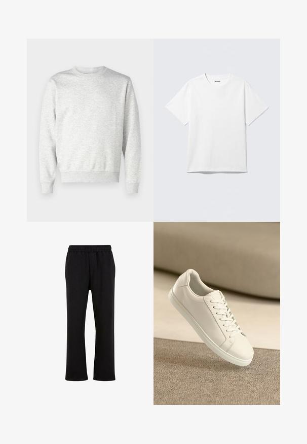 Grå sweatshirt lavet af blødt stof. Har rund hals, lange ærmer, ribbet manchetter og ribbet nederkant. Enkel, udekoreret design.; Hvid kortærmet crewneck T-shirt lagt fladt ud, ensfarvet design, med "WEEKDAY" mærkat inde i kraven på en lys baggrund.; Urban Classics Træningsbukser - black; Hvide lædersneakers med hvide snørebånd, præsenteret på en beige tekstureret overflade og med en blødt uskarp baggrund.