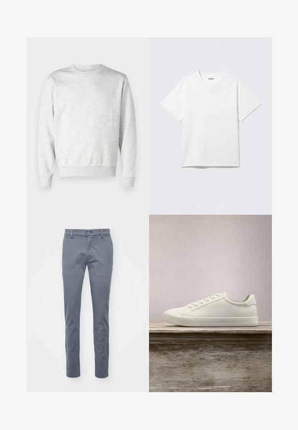 Sweatshirt gris en tissu doux. Présente un col rond, des manches longues, des poignets côtelés et un ourlet côtelé. Design simple et sans ornement.; T-shirt blanc à manches courtes et col rond, étalé à plat, design uni, avec l'étiquette "WEEKDAY" à l'intérieur du col sur un fond clair.; Pantalons gris ajustés en tissu tissé, présentant un devant plat, une taille standard avec passants de ceinture et des jambes droites slim-fit.; Sneaker en dentelle blanche flottant au-dessus d'un banc en bois avec un feuillage vert en arrière-plan, mettant en valeur le design et la texture de la chaussure.