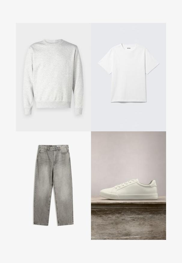 Grå sweatshirt lavet af blødt stof. Har rund hals, lange ærmer, ribbet manchetter og ribbet nederkant. Enkel, udekoreret design.; Hvid kortærmet crewneck T-shirt lagt fladt ud, ensfarvet design, med "WEEKDAY" mærkat inde i kraven på en lys baggrund.; Grå denimbukser med lige ben, der har forlommer, en knaplukning og en subtil falmet tekstur.; Hvide snørresneakers svævende over en træbænk med grønne planter i baggrunden, der fremhæver skodesign og tekstur.