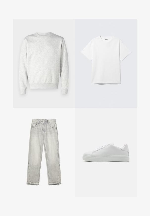 Grå sweatshirt lavet af blødt stof. Har rund hals, lange ærmer, ribbet manchetter og ribbet nederkant. Enkel, udekoreret design.; Hvid kortærmet crewneck T-shirt lagt fladt ud, ensfarvet design, med "WEEKDAY" mærkat inde i kraven på en lys baggrund.; Lys grå denimjeans med en let falmet finish, lige pasform, fem-lomme design og flosset søm. Flad taljebånd med bælteløkker.; Hvide lædersneakers med en chunky platformsål, rund tå og seks snørehuller. Glat tekstur med subtile syninger.