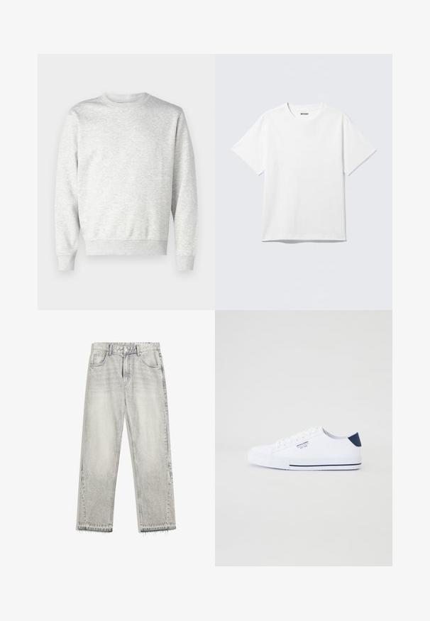 Grauer Pullover aus weichem Stoff. Mit Rundhalsausschnitt, langen Ärmeln, gerippten Bündchen und gerippetem Saum. Einfaches, ungeschmücktes Design.; Weißes T-Shirt mit kurzen Ärmeln und Rundhalsausschnitt, flach liegend, schlichtes Design, mit „WEEKDAY“-Etikett innen im Kragen auf hellem Hintergrund.; Hellgraue Jeans aus Denim mit leicht gefärbtem Finish, geradem Schnitt, fünf Taschen-Design und ausgefranstem Saum. Flacher Bund mit Gürtelschlaufen.; Weiße Canvas-Sneaker mit navyblauem Fersenakzent, flacher Gummisohle, runder Zehenpartie und weißen Schnürsenkeln. Mit Logo an der Seite.