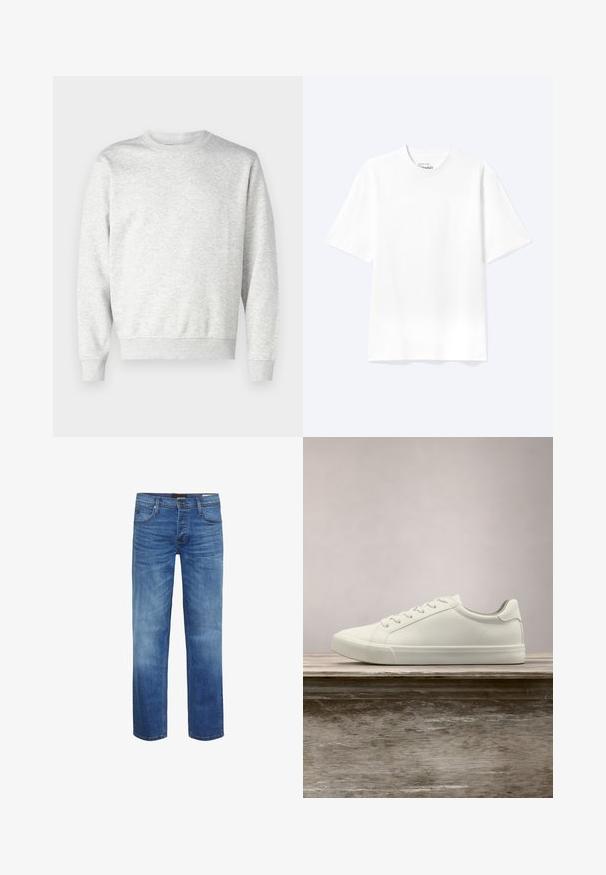 Sweatshirt gris en tissu doux. Présente un col rond, des manches longues, des poignets côtelés et un ourlet côtelé. Design simple et sans ornement.; T-shirt blanc uni à manches courtes et col rond avec une coupe décontractée, présenté sur un fond clair.; Jean en denim bleu clair avec une finition délavée, coupe droite, design à cinq poches et fermeture à glissière. Présente des coutures marron et un patch avec logo.; Sneaker en dentelle blanche flottant au-dessus d'un banc en bois avec un feuillage vert en arrière-plan, mettant en valeur le design et la texture de la chaussure.