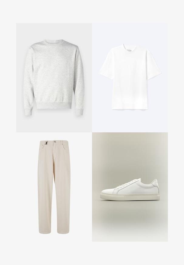 Grijze sweatshirt gemaakt van zachte stof. Heeft een ronde hals, lange mouwen, geribbelde manchetten en een geribbelde zoom. Eenvoudig, onopgesmukt ontwerp.; Effen witte T-shirt met korte mouwen en ronde hals, met een losse pasvorm, weergegeven op een lichte achtergrond.; Beige katoenen broek met een recht pasvorm, voorzien van voorzakken en een knoopsluiting. Gladde textuur met minimale details.; Witte lage sneaker met veters aan de voorkant en dikke zool, zijaanzicht tegen een neutrale achtergrond.