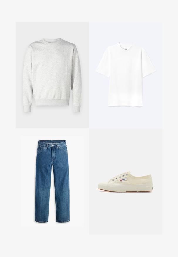 Grå sweatshirt lavet af blødt stof. Har rund hals, lange ærmer, ribbet manchetter og ribbet nederkant. Enkel, udekoreret design.; Enkel hvid T-shirt med korte ærmer og rund hals med afslappet pasform, vist på en lys baggrund.; Blå denim jeans med lige ben, forlommer, bæltestropper, metal knap og lynlås foran på hvid baggrund.; Beige lærredssneaker med et lavprofildesign, metaløjet og gummisål. Har et tekstureret mønster og logodetalje på siden.