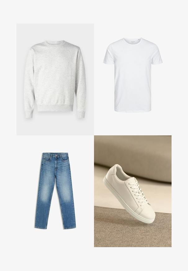 Grijze sweatshirt gemaakt van zachte stof. Heeft een ronde hals, lange mouwen, geribbelde manchetten en een geribbelde zoom. Eenvoudig, onopgesmukt ontwerp.; Ronde hals kortemouwen t-shirt in effen wit, gemaakt van zachte katoen, heeft een eenvoudig ontwerp zonder zichtbare patronen of accenten.; Blauwe spijkerbroek met een hoge taille, knoop en rits aan de voorkant, twee voorzakken en vervaagde plekken op de dijen en knieën.; Witte leren sneaker met witte veters, weergegeven op een beige textuurovervlak en een zacht vervaagd achtergrond.