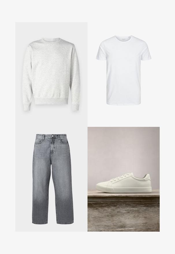 Grijze sweatshirt gemaakt van zachte stof. Heeft een ronde hals, lange mouwen, geribbelde manchetten en een geribbelde zoom. Eenvoudig, onopgesmukt ontwerp.; Ronde hals kortemouwen t-shirt in effen wit, gemaakt van zachte katoen, heeft een eenvoudig ontwerp zonder zichtbare patronen of accenten.; Grijze denim wijde pijpen jeans met een hoge taille, vijf zakken en metalen sluiting. De stof vert toont lichte vervaging bij de zoom.; Witte vetersneaker die boven een houten bank zweeft met groene bladeren op de achtergrond, waarbij het ontwerp en de textuur van de schoen worden getoond.