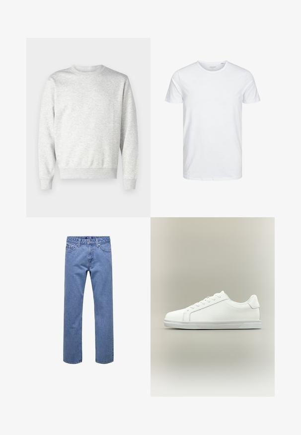 Sweatshirt gris en tissu doux. Présente un col rond, des manches longues, des poignets côtelés et un ourlet côtelé. Design simple et sans ornement.; T-shirt à col rond à manches courtes de couleur blanche unie, fabriqué en coton doux, avec un design simple sans motifs ni accents visibles.; Jean droit en denim bleu avec bouton et fermeture éclair à l'avant, passants pour ceinture, et poches avant et arrière.; Baskets blanches basses à lacets sur l'avant avec semelle en caoutchouc texturée, sur fond neutre uni.