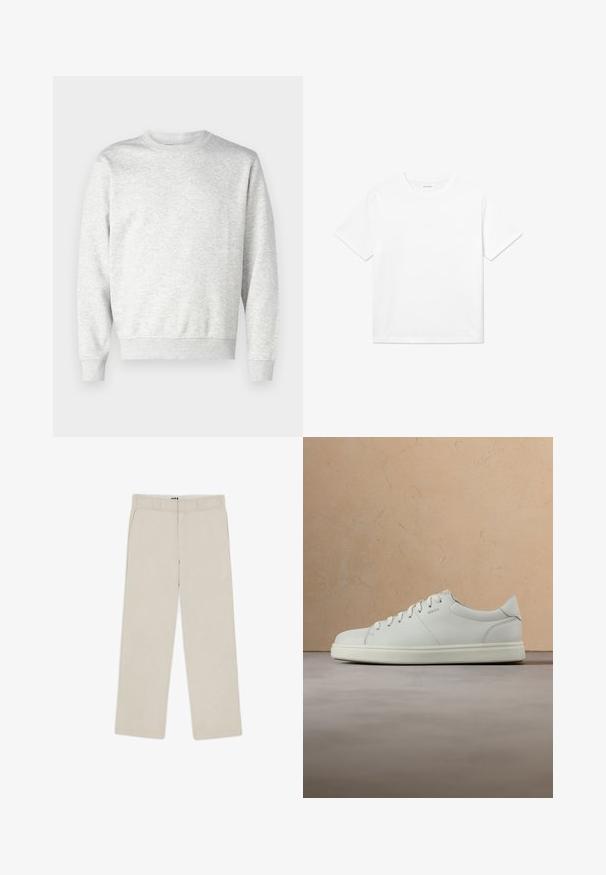 Sudadera gris hecha de una tela suave. Presenta un cuello redondo, mangas largas, puños acanalados y un dobladillo acanalado. Diseño simple y sin adornos.; Camiseta de algodón blanca con mangas cortas, cuello redondo y dobladillo recto. Textura suave sin patrones ni acentos visibles.; Pantalones de pierna ancha color beige con una textura suave, que cuentan con pasadores para cinturón, dos bolsillos frontales y cierre con cremallera. Diseño minimalista.; Zapatilla deportiva de cuero blanco con textura suave, puntera redonda y cordones planos. Presenta un logo sutil y una suela ligera.