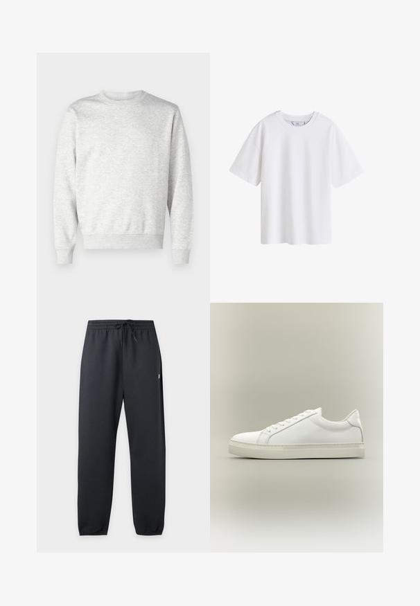 Grijze sweatshirt gemaakt van zachte stof. Heeft een ronde hals, lange mouwen, geribbelde manchetten en een geribbelde zoom. Eenvoudig, onopgesmukt ontwerp.; Effen wit katoenen T-shirt met korte mouwen en een ronde hals, van voren getoond op een witte achtergrond.; Zwarte sweatpants met elastische taille en aantrekkoord en met boordjes bij de enkels, getoond tegen een effen lichte achtergrond.; Witte lage sneaker met veters aan de voorkant en dikke zool, zijaanzicht tegen een neutrale achtergrond.