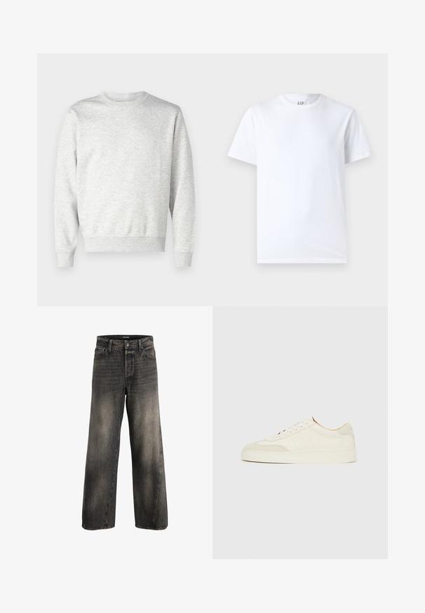 Grauer Pullover aus weichem Stoff. Mit Rundhalsausschnitt, langen Ärmeln, gerippten Bündchen und gerippetem Saum. Einfaches, ungeschmücktes Design.; Weißes Baumwoll-T-Shirt mit Rundhalsausschnitt und kurzen Ärmeln. Einfaches Design ohne Muster oder Grafiken, mit GAP-Logo am Kragen.; Hochtaillierte, weit geschnittene schwarze, ausgewaschene Jeans mit vorderem Knopf- und Reißverschluss sowie standartmäßigen Fronttaschen.; Weiße Wildleder-Sneaker mit glatter Oberfläche, rundem Zehenbereich, flachem Schnürdesign und kontrastierenden, strukturierten Akzenten. Mit einem dezenten Logodetail versehen.