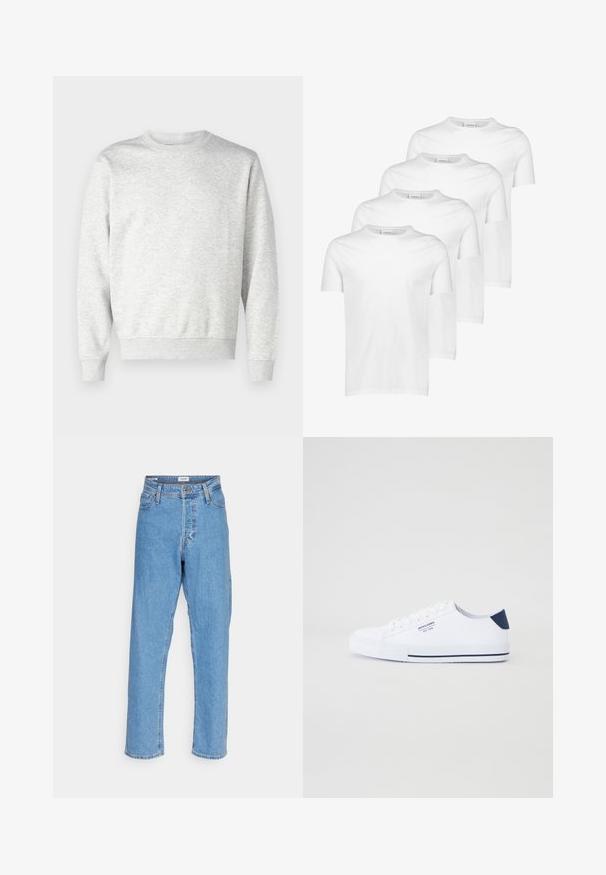 Grå sweatshirt lavet af blødt stof. Har rund hals, lange ærmer, ribbet manchetter og ribbet nederkant. Enkel, udekoreret design.; Hvide bomulds T-shirts, kortærmede, rund halsudskæring, glat tekstur, stableret i fire stykker med ensartet design uden mønstre eller accenter.; Lyseblå højtaljede lige ben jeans med knap foran, lynlåslukning, bæltestropper og fem-lomme design på hvid baggrund.; Hvide kanvas sneakers med en marineblå hælaccents, flad gummisål, rund tå og hvide snørebånd. Har logo på siden.