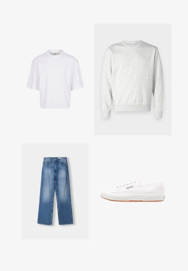 Grå sweatshirt lavet af blødt stof. Har rund hals, lange ærmer, ribbet manchetter og ribbet nederkant. Enkel, udekoreret design.; Hvid t-shirt med korte ærmer, der har en rund halsudskæring og en afslappet pasform, lavet af et glat bomuldsblandingsstof. Ingen mønstre eller udsmykninger.; Lyseblå denim brede bukser med høj talje, der har fem lommer og en falmet vask, syet kant og metalknaplukning.; Hvide kanvas sneakers med gummisål, snørebåndsdesign og et lille logo mærke på siden. Tekstureret hvid overdel og brun ydersål.
