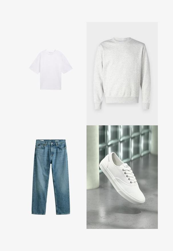 Sweatshirt gris en tissu doux. Présente un col rond, des manches longues, des poignets côtelés et un ourlet côtelé. Design simple et sans ornement.; T-shirt blanc à manches courtes en coton. Coupe décontractée avec un col rond. Texture lisse sans motifs ni accents visibles.; Jean bleu droit en denim avec cinq poches et passants de ceinture, présenté sur fond blanc.; Baskets basses blanches en toile avec lacets, étiquetées Tommy Hilfiger, montrées flottant au-dessus d’un sol gris lisse près d’un mur en briques de verre.
