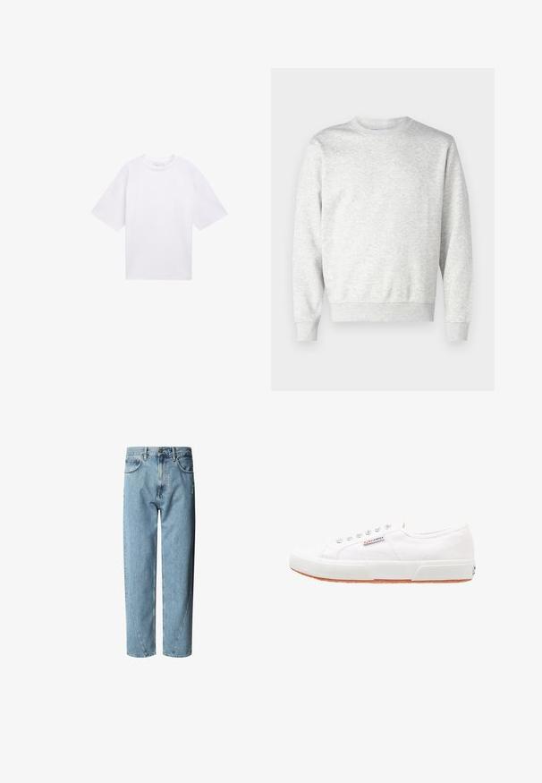 Sudadera gris hecha de una tela suave. Presenta un cuello redondo, mangas largas, puños acanalados y un dobladillo acanalado. Diseño simple y sin adornos.; Camiseta blanca de manga corta hecha de algodón. Corte relajado con cuello redondo. Textura suave y sin patrones o acentos visibles.; Vaqueros de mezclilla azul claro con un corte relajado, que presentan una cintura alta, costuras de contraste y un ligero desgaste en la parte frontal.; Zapatillas de lona blancas con suela de goma, diseño de cordones y una pequeña etiqueta con el logo en el lateral. Parte superior texturizada blanca y suela marrón.