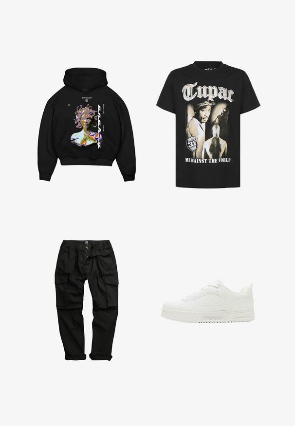 Sort hættetrøje med en flerfarvet grafik af en Medusa-lignende figur, med fremtrædende tekst og en front kangaroo-lomme.; Sort bomulds T-shirt med et grafisk print af en mand med bandana og "2Pac"-tekst. T-shirten inkluderer et emblem for "3X Platinum"-certificering.; Sorte cargo-bukser lavet af bomuldsblanding. Funktioner inkluderer flere lommer, elastisk talje og en let indsnævret ben-design.; Hvid lavtop-sneaker med tyk sål, snørebånd foran og diskrete syninger som designdetaljer på den glatte overflade.