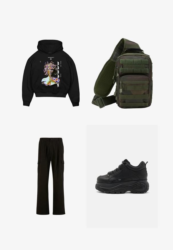 Sort hættetrøje med en flerfarvet grafik af en Medusa-lignende figur, med fremtrædende tekst og en front kangaroo-lomme.; Urban Classics WIDE - Cargobukser - black; Svarte lædersneakers med chunky såler, tykk gummisål, slankt design og teksturerede detaljer. Har snørebånd og en pull tab ved hælen.; Grøn camouflage sling rygsæk med flere lynlåslommer, en justerbar rem og et netpanel på ryggen for ventilation.