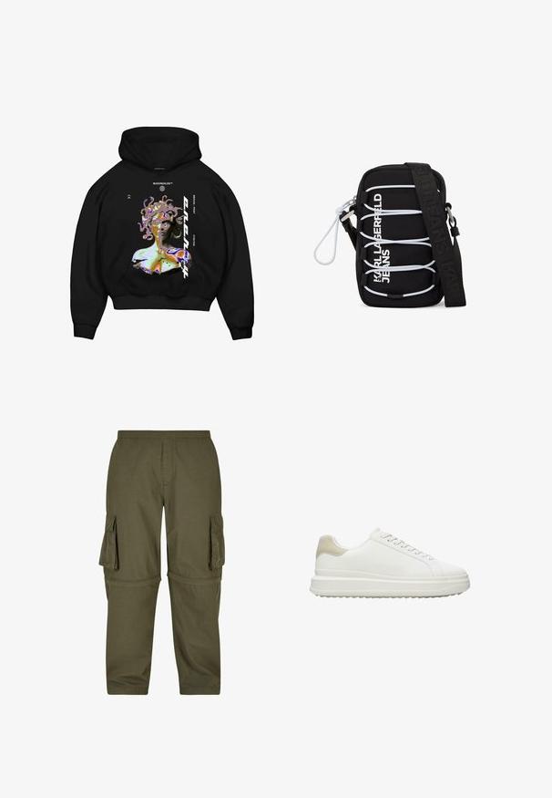 Zwarte hoodie met een multikleurige graphic van een Medusa-achtige figuur, met opvallende tekst en een voorkangoeroezak.; Olijfgroene cargobroek gemaakt van lichtgewicht stof, met meerdere zijzakken, een elastische tailleband en een recht gesneden ontwerp.; Witte sneakers van glad leer met een gestructureerde beige hielaccent, voorzien van ronde veters, een laag profiel ontwerp en een rubberen buitenzool.; Zwarte crossbodytas met witte elastische koorden, zilveren hardware en de tekst "KARL LAGERFELD JEANS" in het wit aan de voorkant, voorzien van een brede zwarte band.