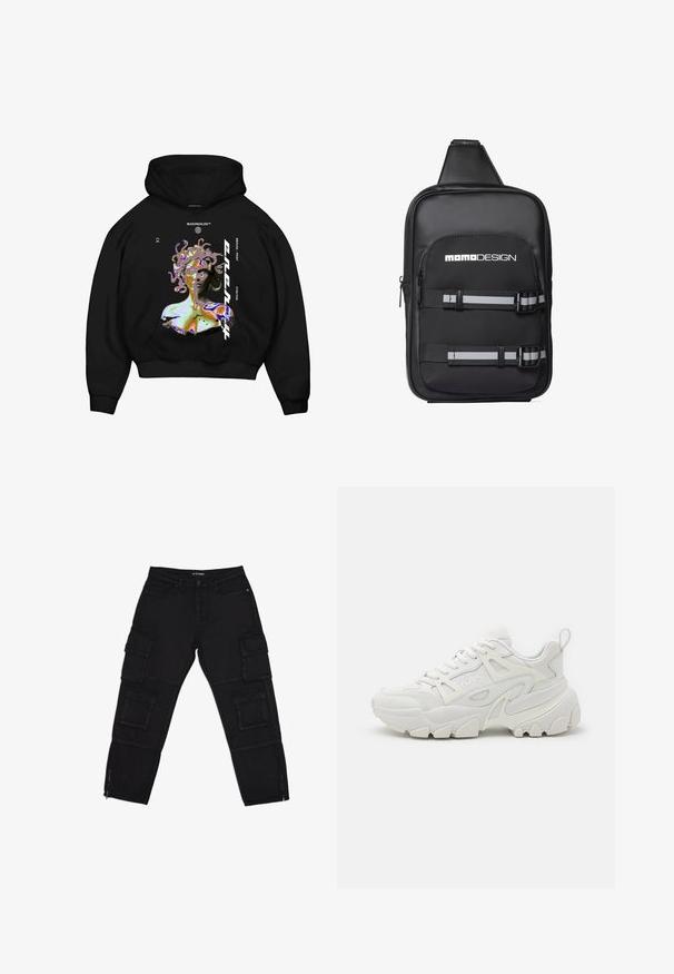 Zwarte hoodie met een multikleurige graphic van een Medusa-achtige figuur, met opvallende tekst en een voorkangoeroezak.; Zwarte cargobroek van duurzaam materiaal, met meerdere cargozakken, ritsenkoppen en rechte benen met subtiele stikseldetails.; Witte sportieve sneakers met een gestructureerde bovenkant, mesh panelen, een opvallende rubberen zool en decoratieve uitsparingen aan de zijkanten.; Zwarte rechthoekige crossbodytas met wit "Momo Design" logo, voorvak met rits en twee verstelbare zwart-grijs gestreepte banden met gespen.