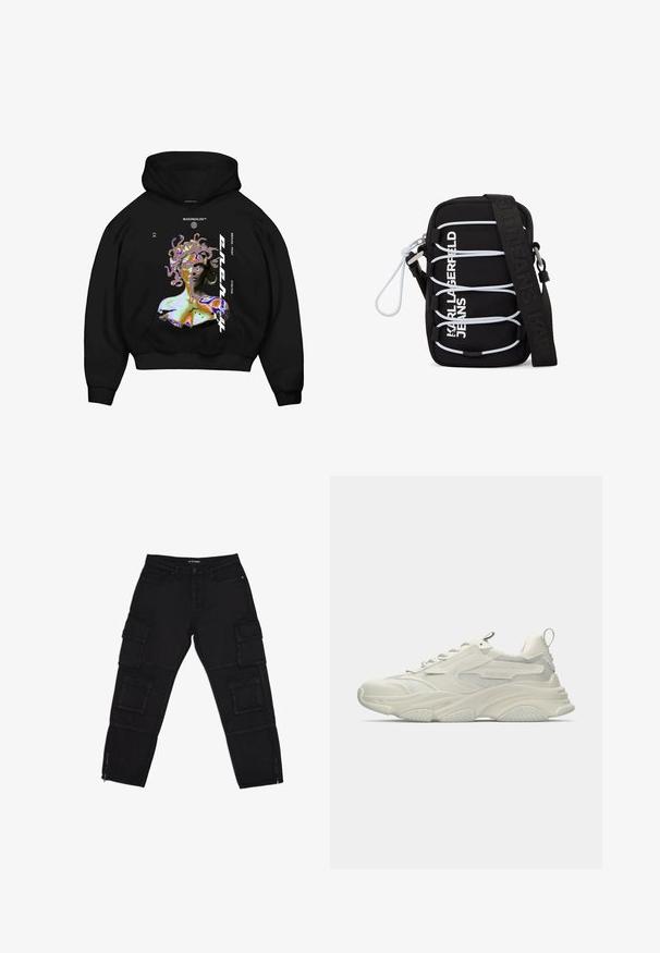 Sweatshirt à capuche noire avec un graphique multicolore représentant une figure semblable à Méduse, avec un texte bien visible et une poche kangourou à l'avant.; Pantalons cargo noirs en tissu durable, dotés de plusieurs poches cargo, de chevilles zippées et de jambes droites avec des détails de couture subtils.; Baskets blanches épaisses avec accents en mesh, semelle en caoutchouc texturée et forme arrondie. Présente un marquage minimal et une languette de tirage à l'arrière.; Sac bandoulière noir avec cordons élastiques blancs, ferrures argentées, et texte "KARL LAGERFELD JEANS" en blanc sur le devant, avec une large sangle noire.