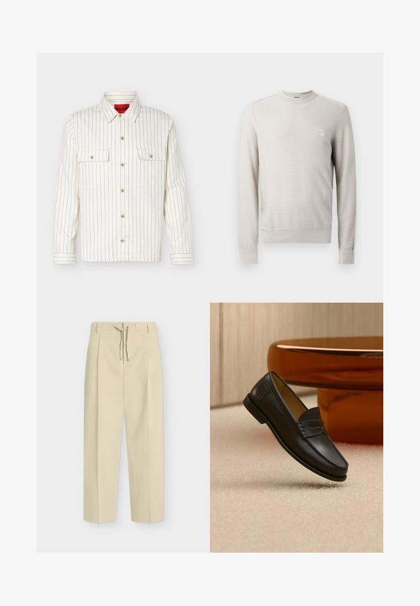 Pull beige clair à motif texturé, col rond et poignets côtelés. Présente un petit patch logo sur la poitrine.; Chemise blanche à manches longues avec boutons, fines rayures verticales noires, deux poches poitrine à boutons à l'avant, et col pointu.; Pantalon beige droit avec passants pour ceinture et nouage à l'avant, présentant un design épuré et ajusté ainsi qu'un tissu texturé.; Chaussure mocassin en cuir noir suspendue au-dessus d’un tapis beige avec du mobilier moderne couleur ambre en arrière-plan.