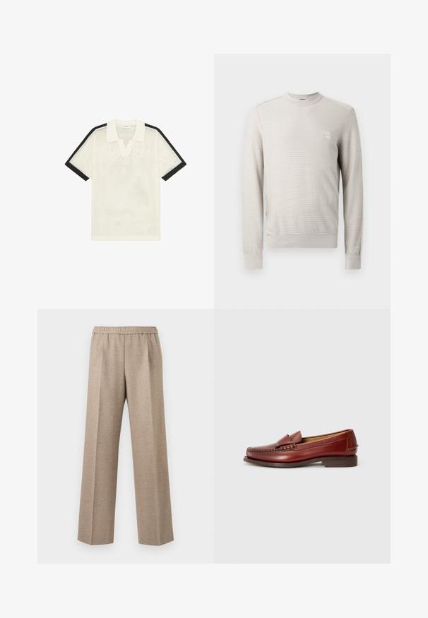 Pull beige clair à motif texturé, col rond et poignets côtelés. Présente un petit patch logo sur la poitrine.; Polo en maille blanche à manches courtes avec bordure noire aux manches et col blanc uni, posé à plat sur un fond blanc.; Pantalon beige à jambe droite avec taille élastique et plis marqués sur le devant de chaque jambe.; Mocassins en cuir brun avec une finition lisse, des coutures décoratives et un accent de gland à l'avant. Talon bas et solide de couleur marron, design épuré.