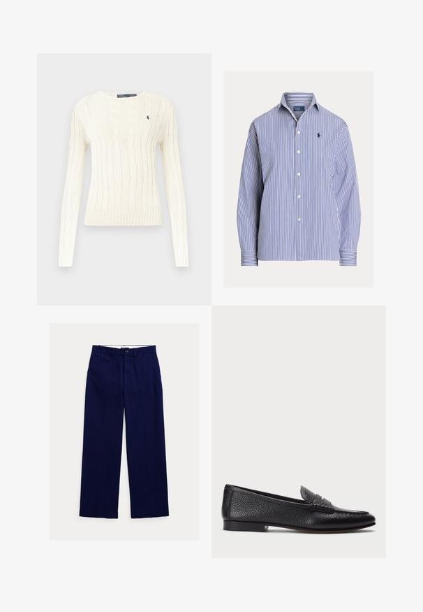 Hvid strikket sweater med kabelmønster, lange ærmer, rund hals og ribkant. Har et lille marineblåt logo på brystet.; Blå og hvide lodrette stribede langærmet skjorte med krave og lille broderet logo på venstre bryst.; Marineblå bukser med lige ben, bæltestropper, knaplukning foran og sidelommer på hvid baggrund.; Sorte læder loafers med struktureret finish, der har en dekorativ rem og flad hæl. Slank, minimalistisk design med rund tå.