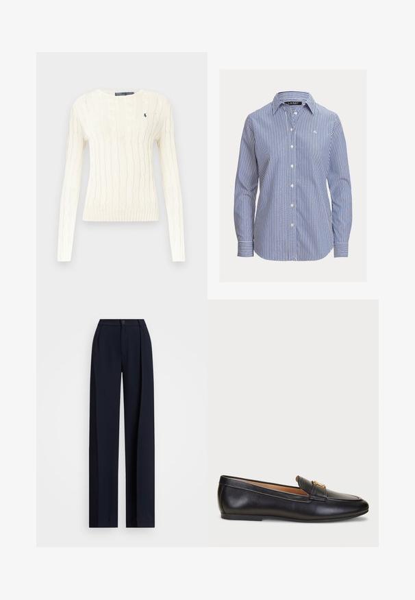 Suéter blanco de punto con patrón de trenzas, mangas largas, cuello redondo y dobladillo acanalado. Presenta un pequeño logo azul marino en el pecho.; Camisa de mujer de manga larga con rayas verticales azules y blancas, cuello puntiagudo y pequeño logo bordado en el pecho.; Pantalones de pierna ancha en color marino con pliegues, cierre de botón y una textura de tela suave. Diseñados para un ajuste suelto y cómodo.; Lauren Ralph Lauren AVERI III BURNISHED LEATHER LOAFER - Zapatos sin cordones - black