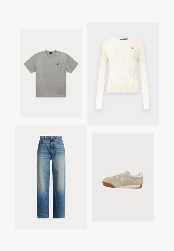 Hvid strikket sweater med kabelmønster, lange ærmer, rund hals og ribkant. Har et lille marineblåt logo på brystet.; Lysegrå T-shirt med korte ærmer og rund halsudskæring med lille mørkeblåt broderet logo af en polospiller på venstre bryst.; Blå jeans med høj talje og lige ben, der er falmet foran og har klassisk fem-lomme design, knaplukning og lynlås.; Beige ruskindssneaker med hvide snørebånd, gummisål og lille broderet logo på siden, set fra venstre på hvid baggrund.