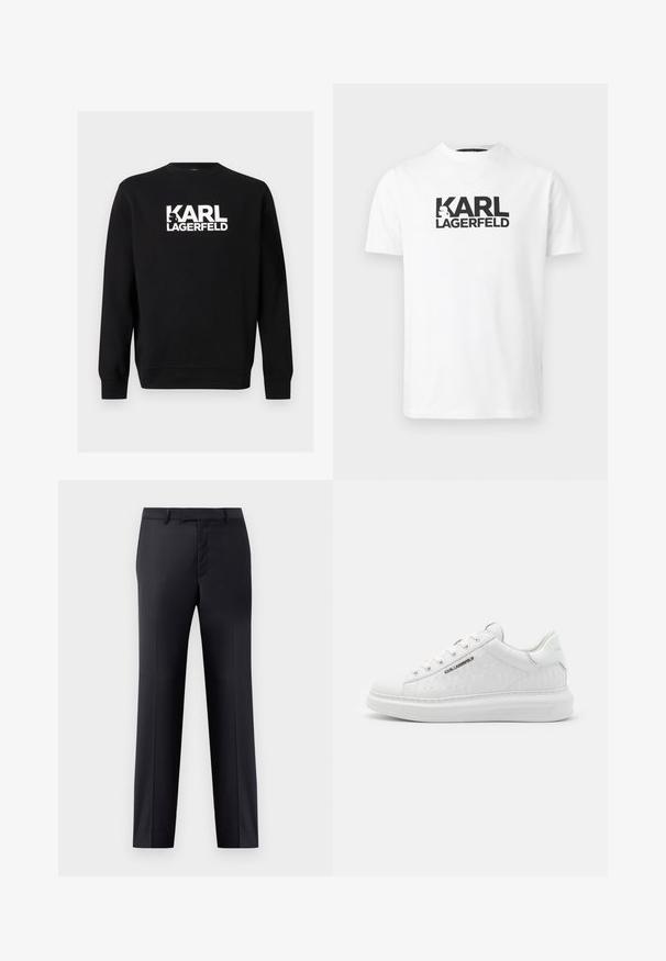 Sweat-shirt noir à col rond avec manches longues et logo texte blanc "KARL LAGERFELD" centré sur la poitrine.; T-shirt blanc à manches courtes, col rond, avec le texte noir "KARL LAGERFELD" et le logo silhouette centrés sur la poitrine.; Pantalons noirs ajustés avec une texture lisse, coupe droite et un design à l'avant plat. Comprend des passants de ceinture et un pli avant unique.; Baskets blanches en cuir lisse avec motif gaufré. Présentent un bout rond, un laçage à l'avant et une semelle texturée. Détail du logo argenté sur le côté.