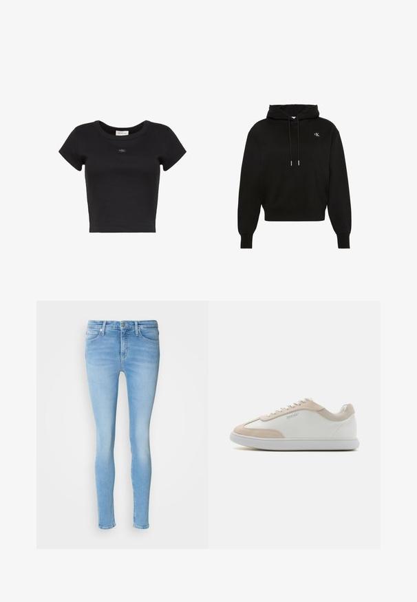 Sort hættetrøje med lange ærmer, snøre, ribstrikkede manchetter, ribstrikket kant og lille hvidt "cK"-logo på venstre bryst.; Sort cropped kortærmet ribstrikket T-shirt med rund halsudskæring og lille Calvin Klein-logo patch centreret på brystet.; Lyseblå skinny jeans lavet af denim med mid-rise talje, der har forlommer, bæltesløjfer og en glat tekstur.; Hvide lædersneakers med beige ruskindsdetaljer og hvide snøringer. Har en rund tå og en polstret sål for komfort.