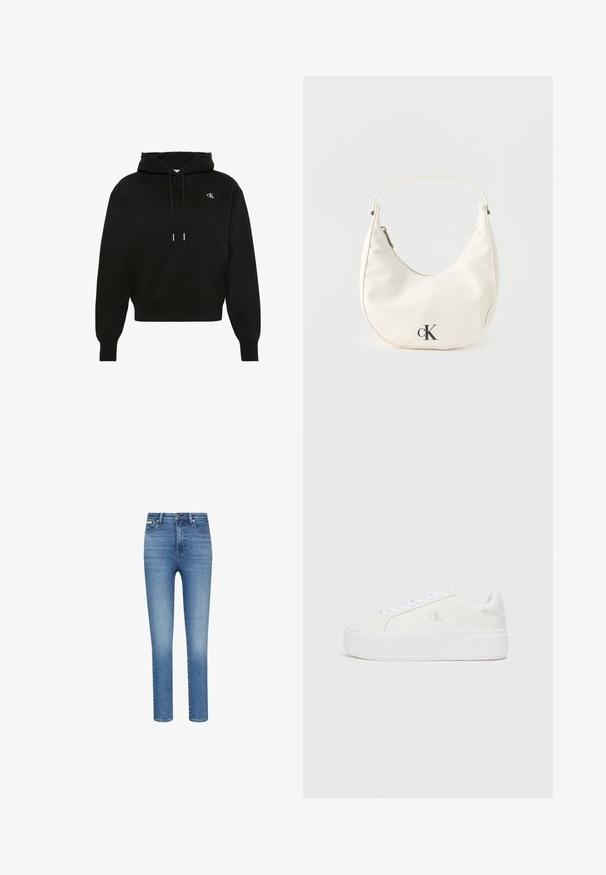 Sudadera con capucha negra de manga larga con cordones, puños acanalados, bajo acanalado y pequeño logo blanco "cK" en el lado izquierdo del pecho.; Vaqueros ajustados en denim azul de lavado medio. Presentan una cintura alta, diseño de cinco bolsillos y costuras contrastantes en todo el tejido.; Zapatillas de plataforma blancas con parte superior de cuero suave, punta redondeada, cordones blancos y un sutil detalle de logotipo en el lateral. Suela de goma plana.; Pequeño bolso blanco en forma de media luna con correa corta, cierre de cremallera y logo negro "cK" en el frente.
